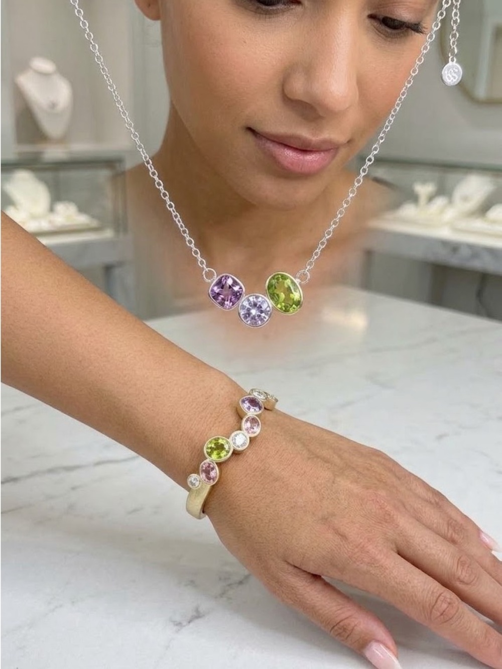 New Multi-Gem Necklace and Bangle Set - Green & Purple-